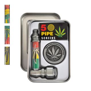 32758D - Pipa Metal Set Grinder & Screens Rasta Leaf 74 mm. Mix Color