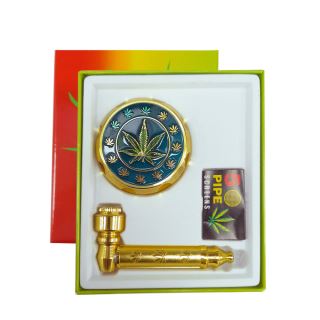 33217B - Pipa Metal Tapa Gold Set Grinder & Screens Rasta Leaf 86 mm.