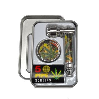 33245A - Pipa Metal Tapa Set Grinder & Screens Rasta Leaf 74 mm.